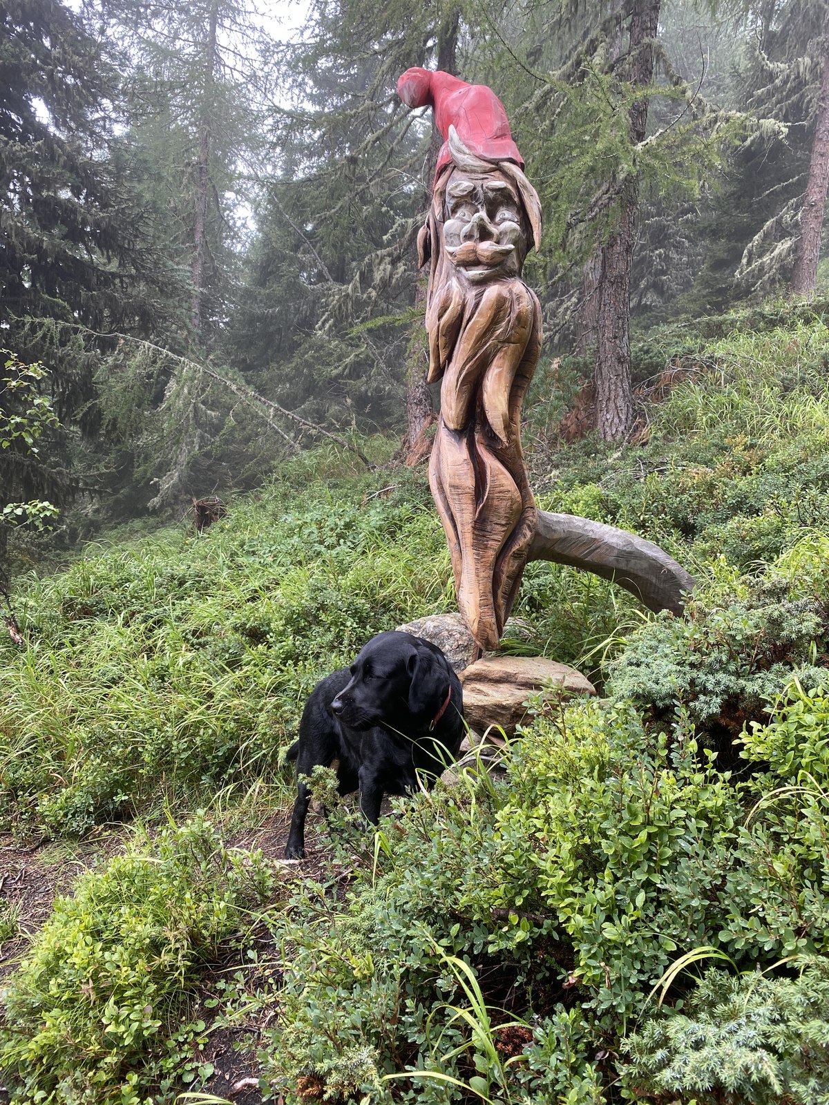 Luna neben einer Holzfigur auf einer Bergwanderung